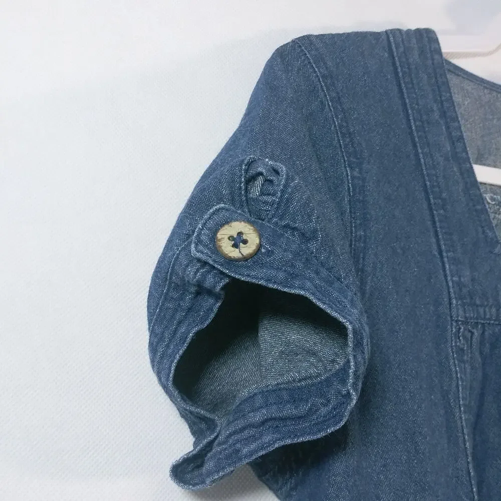 Vicki Blue Vintage Short Sleeve Jean Dress Dark Wash Denim Button Down Size PM